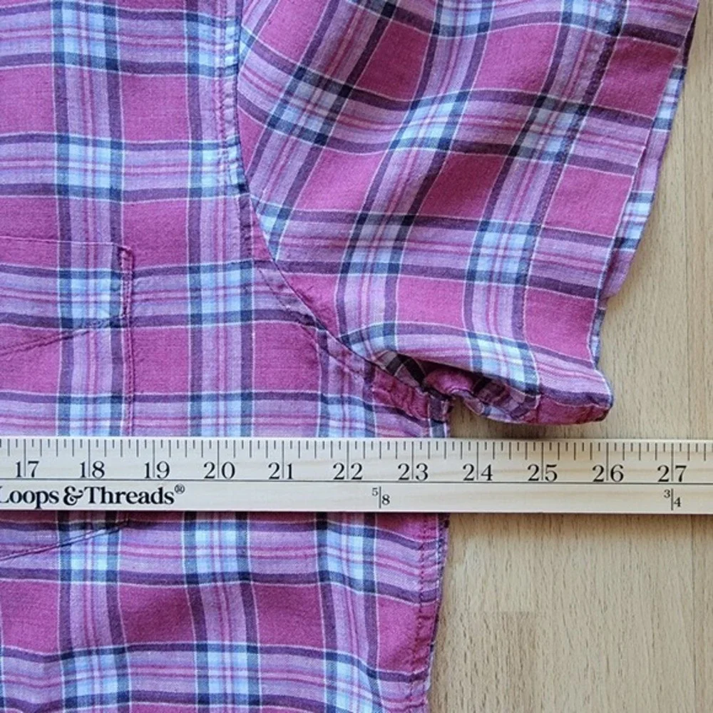 Banana Republic Mens 100% Linen Short Sleeve Plaid Button Down Shirt Pink Size L